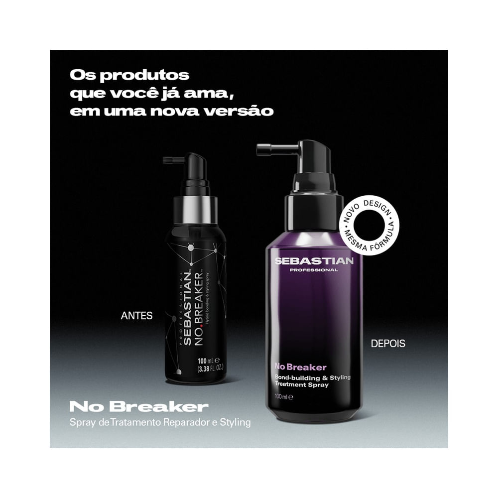 Frasco de spray Leave-In Sebastian No Breaker 100ml, cor roxa, com bico aplicador.